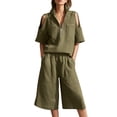 thumbnail image 2 of Xunmmm Summer Two Piece Set for Women Loose Fit Cold Shoulder Half Zipper and Bermuda Shorts Set Solid Color Casual Two Piece Set Relaxed Fit Travel Wear, 2 of 4