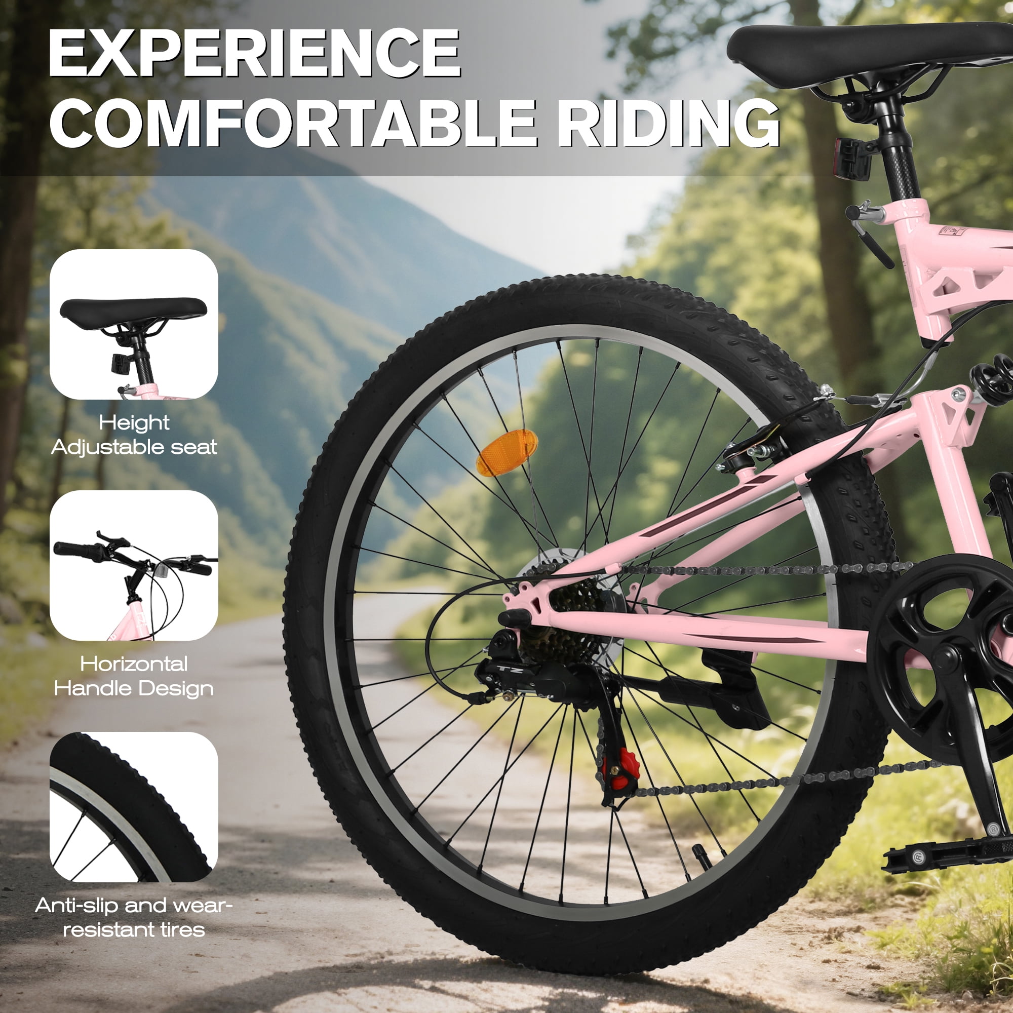 Marknig 26 inch Mountain Bike, 7 Speed Adult Bicycle with High-Carbon Steel Frame, Dual Disc & V-Brakes, Adjustable Seat for Men and Women,MTB with Shock Absorption System, Pink