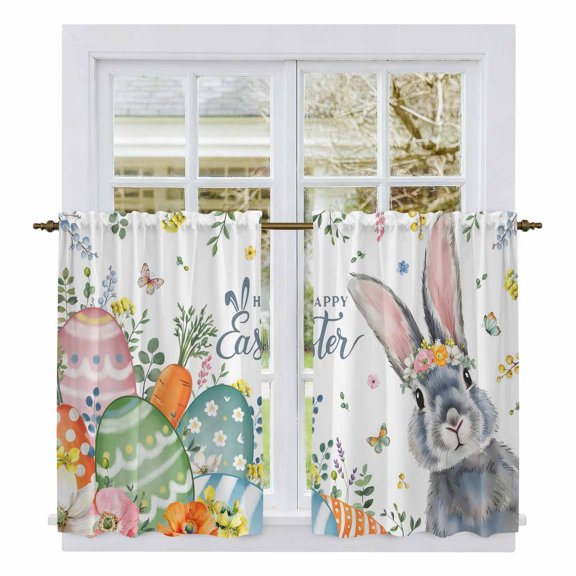 Easter Tier Curtains 54 Inch Length, Easter Grey Bunny Spring Watercolor Eggs Butterflies Cafe Short Curtains for Bathroom Over Sink, Small Kitchen Curtain Light Filtering Drapes 2 Panels 27.5"Wx54"L