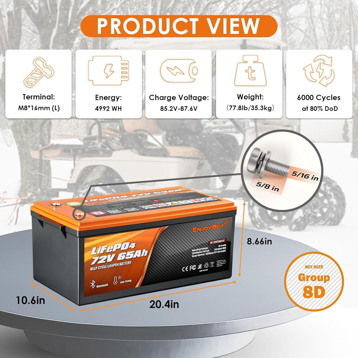 Enjoybot 72V 65Ah LiFePO4 Lithium Battery, 120A BMS Deep Cycle Battery with Bluetooth and Low-Temp Protection, 9216W Output Power, Peak Current 500A for 72V Golf Carts, LSVs, NEVs, Electric UTVs
