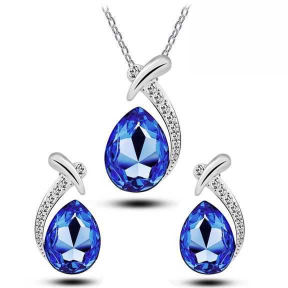 Teardrop Crystal Jewelry Set For Women Elegant Pendant Necklace And Dangle Earrings Suit Ideal For Daily Wear And Special Occasions Shiny Rhinestone Design, Blue