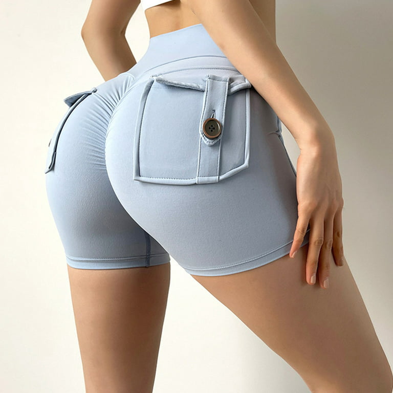 ZUARFY Women High Waisted Skinny Yoga Shorts Solid Color Butt Lifting  Ruched Workout Cargo Hot Pants Flap Pockets Gym Leggings 