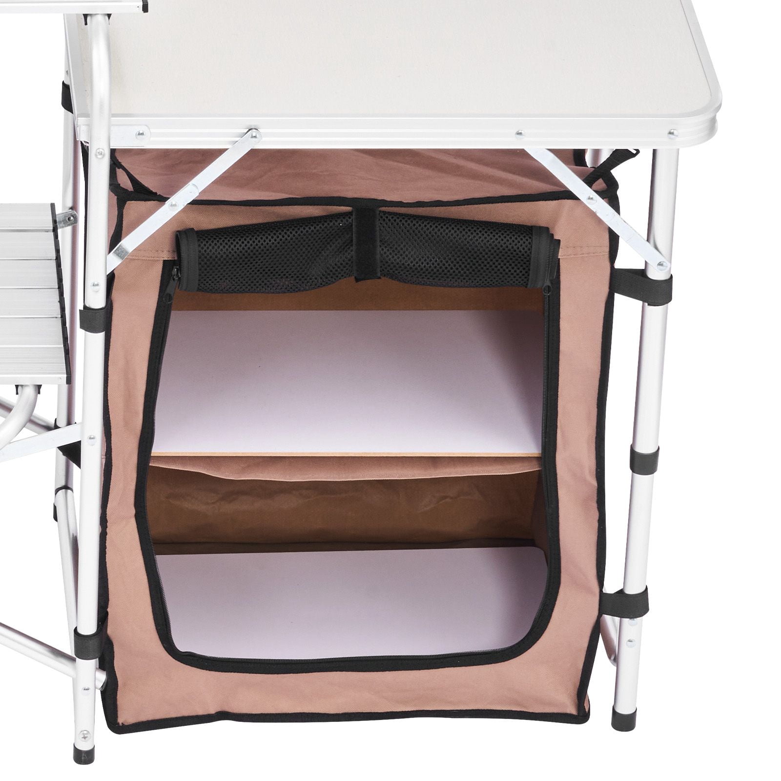 Portable Folding Cook Table for BBQ, Party and Camping, Outdoor 2-Tier Kitchen with Zippered Bag, Brown
