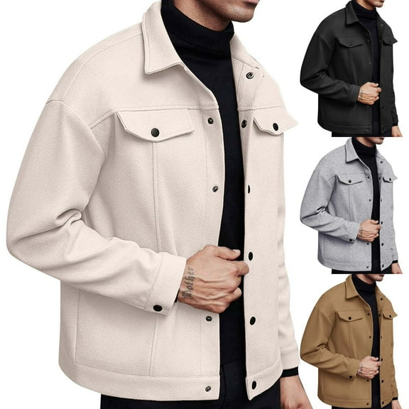 Men's Trendy Lapel Woolen Coat Solid Color Casual Sports Business Jacket for Fall Winter Office Wear Christmas Holiday,Beige,L