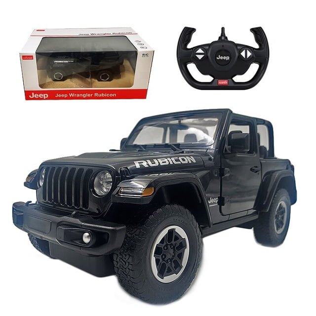 jeep wrangler rubicon-coche teledirigido a escala 1:14, vehículo teledirigido controlado por radio, máquina de juguete para niños y adultos Vista 3/4 frontal de un Jeep Wrangler Rubicon RC escala 1:14 en negro con carrocería moldeada, parrilla de siete ranuras, llantas con neumáticos de goma y rótulo 'RUBICON' en el capó; puertas que se abren manualmente, controlador MODE2 de doble agarre y caja original visibles. Dimensiones 30 x 14 x 13.4 cm; alcance hasta 30 m; luces LED delanteras y traseras funcionan al avanzar y retroceder. Apto también como pieza de exhibición en estantería.