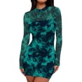 thumbnail image 2 of Women'S Mesh Sheer Long Sleeve Ruched Mini Dress Bodycon Mock Neck Cocktail Party Club Dresses Lake Blue Flowers S, 2 of 9