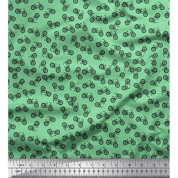 Soimoi Green Rayon Crepe Fabric Bicycle Transport Print Fabric by the Yard 46 Inch Wide