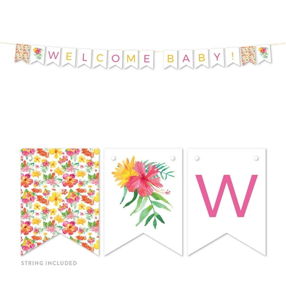 Tropical Floral Garden Party Baby Shower, Hanging Pennant Party Banner with String, Welcome Baby!, 5-Feet, 1 Set