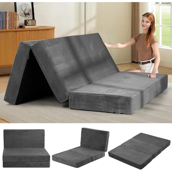 6-Inch Tri-Folding Mattress Queen Size - Foldable Futon Sofa Bed with Removable Washable Cover, Folding Futon Mattress | Non-Slip Bottom & Carry Handles for Guest, Camping, Dorm