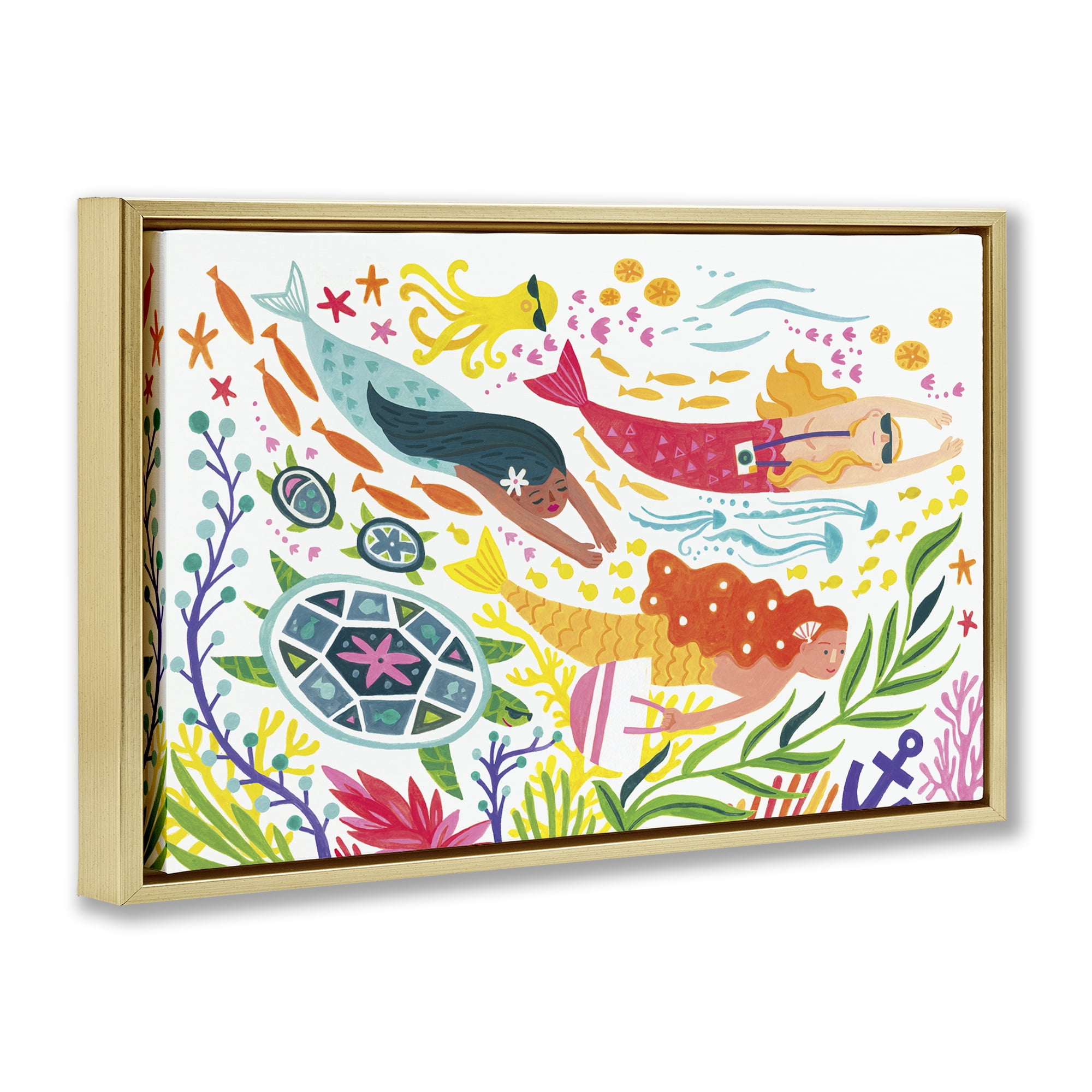 Stupell Industries Underwater Swimming Mermaids Fantasy & Sci-Fi Painting Gold Floater Framed Canvas Art Print Wall Art, 25 x 17
