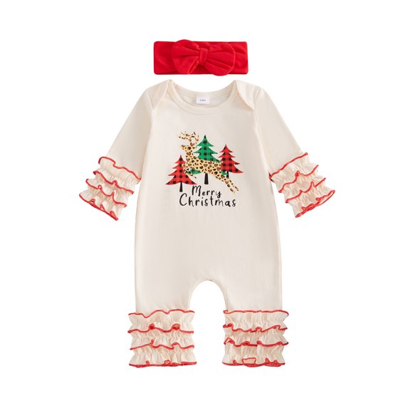 Gupgi Combinaison de Noël pour Bébé Fille, Justaucorps à Imprimé d'Arbre pour Bébé, à Volants Superposés, Manches Longues, Combinaison Pleine Longueur, Bandeau à Nœud