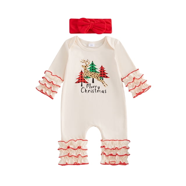 Gupgi Infant Girl Christmas Jumpsuits Baby Tree Print Bodysuit Layered Ruffle Long Sleeve Full Length Romper Bow Headband