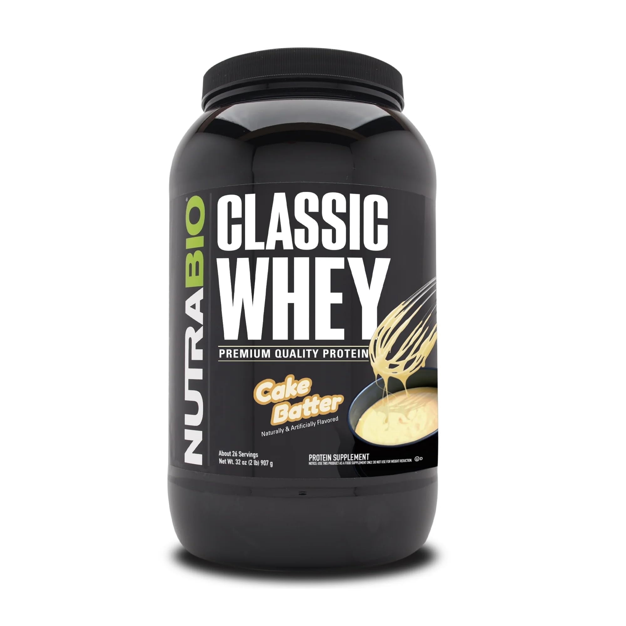 NutraBio Classic Whey Protein Powder- 25G Protein Per Scoop - Full-Spectrum Amino Acid Profile - No Fillers, Artificial Colors, Preservatives - Low Glycemic Index - (Cake Batter, 2 Pounds)