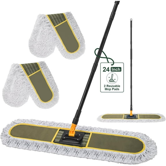 24" Commercial Dust Mops for Floor Cleaning with 2 Replacement Mop Pads, Heavy Duty Large Dust Mop for Hardwood Floors, Industrial Wet Dry Floor Duster for Office Garage Warehouse Factory Mall