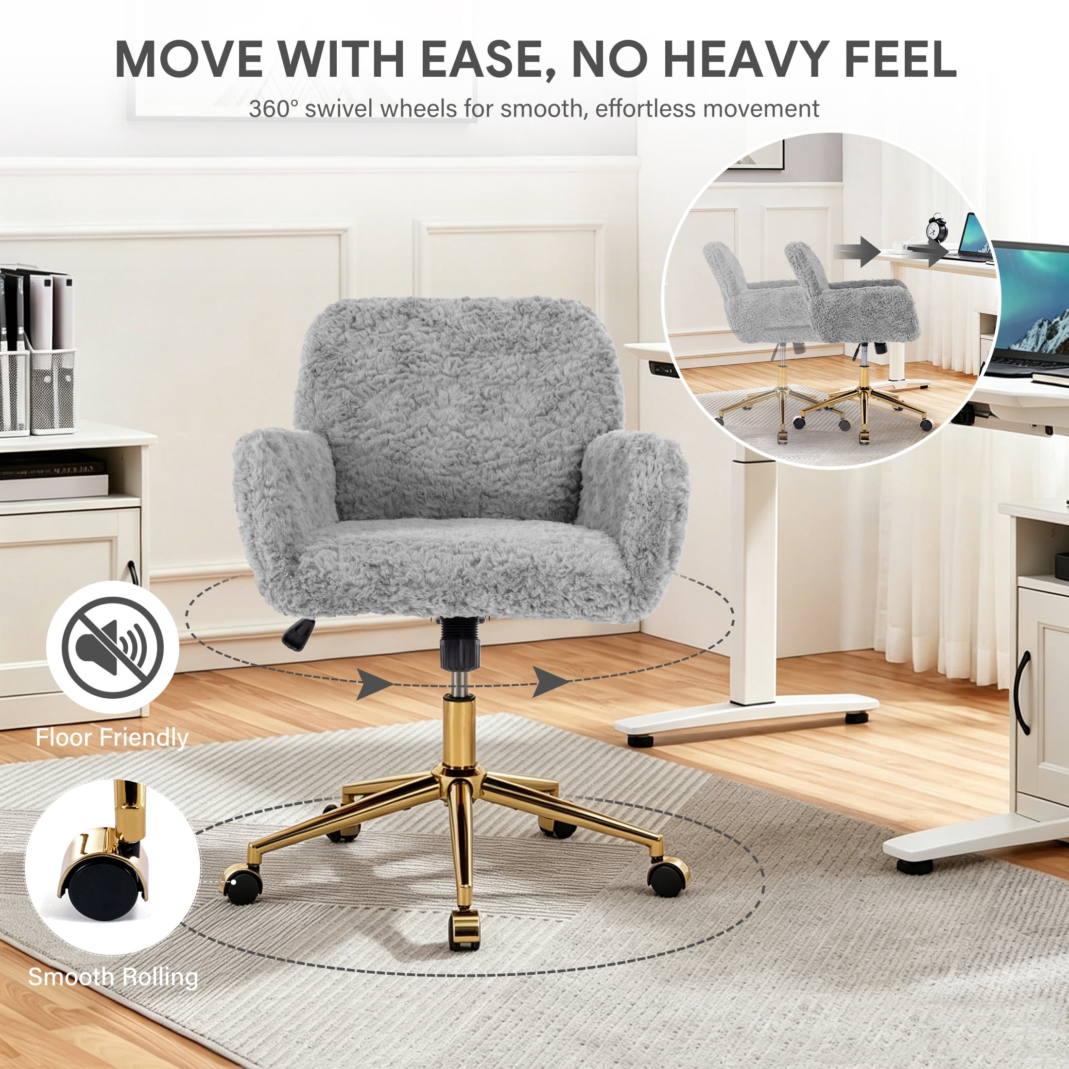 PAPROOS Vanity Chair with Back, Adjustable Swivel Makeup Desk Chair with Wheels and Arms, Fluffy Home Office Task Chair with Artificial Rabbit Hair for Bedroom, Dorm, Study Room, Gray