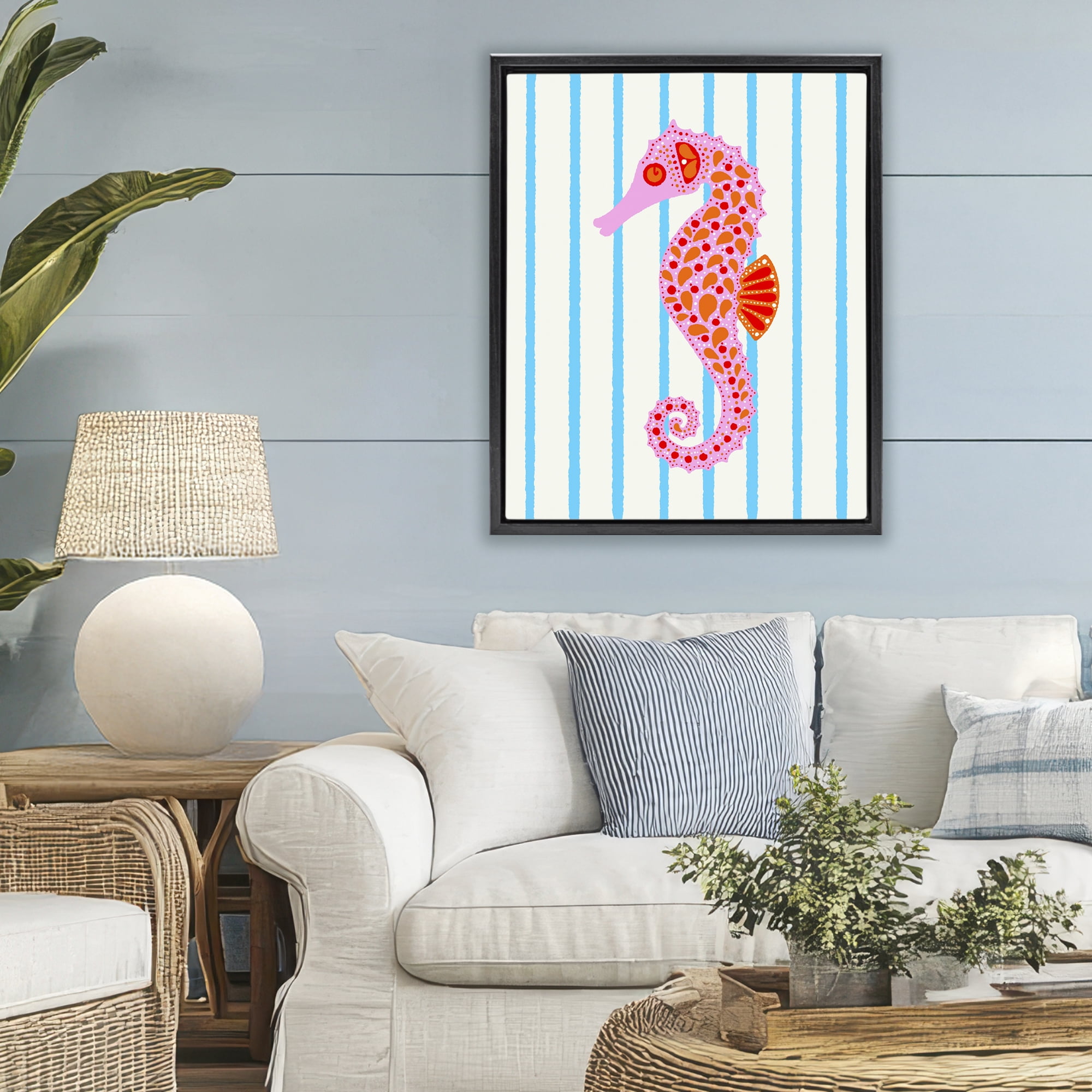 Stupell Industries Boho Seahorse on Stripes Black Framed Floater Canvas Wall Art, design by Indira Prieto | IndySign