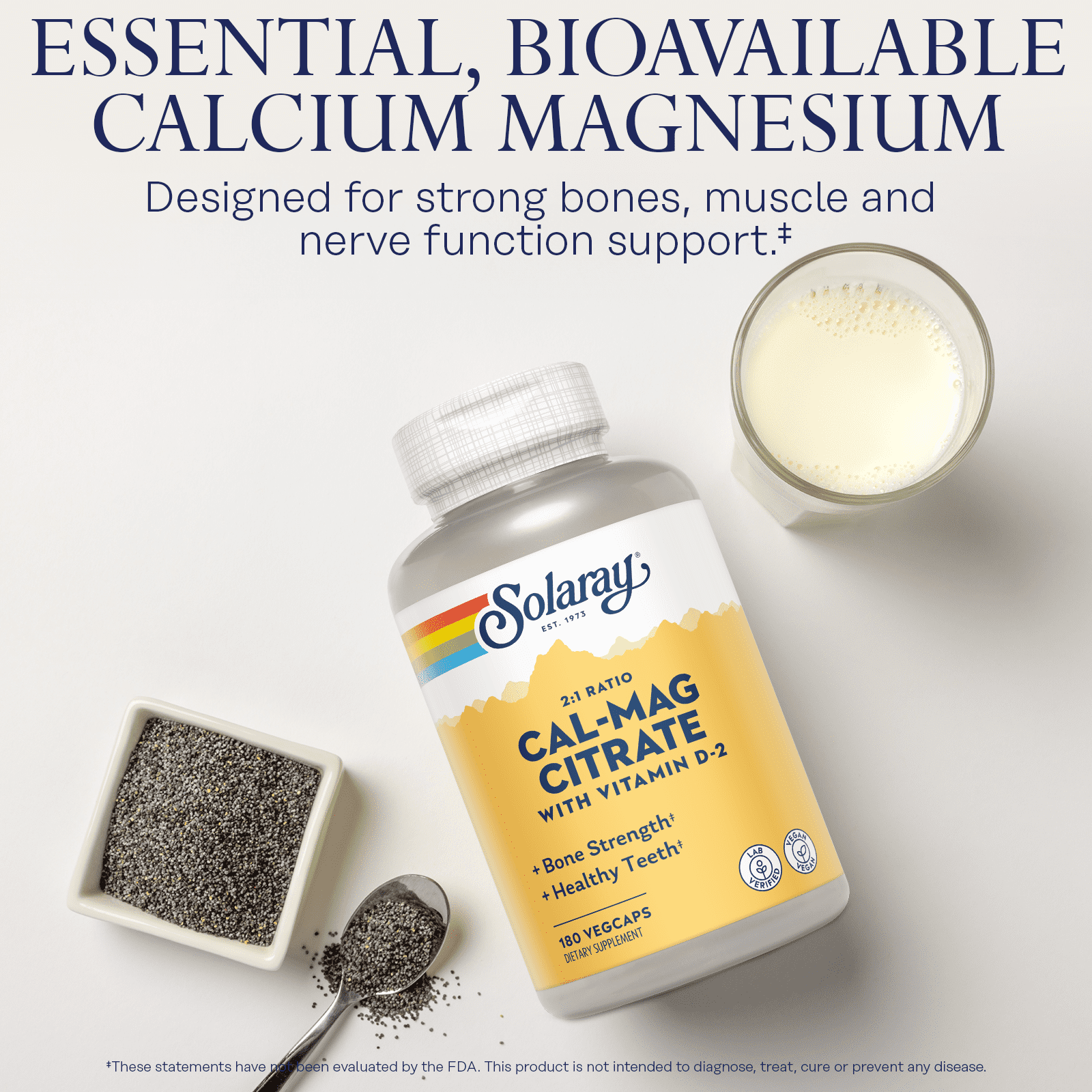 Solaray Calcium Magnesium Citrate 2:1 Ratio with Vitamin D2, Healthy Bone, Muscle & Nerve Support, 30 Serv, 180 VegCaps
