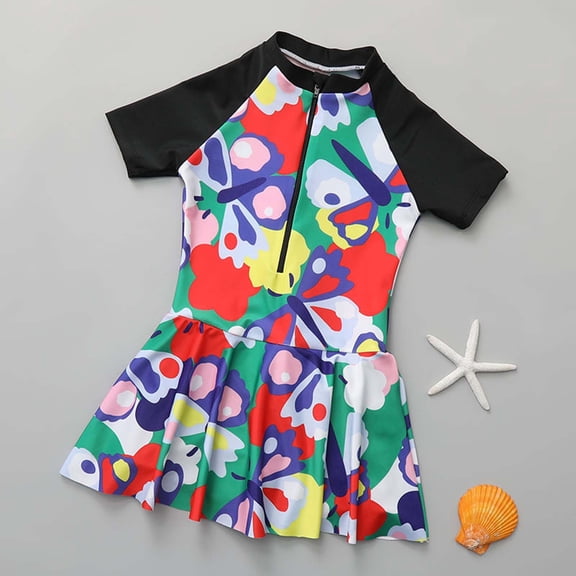 Conairie Swimsuit for Girl One Piece Cute Scale Print Bathing Suit with Sun Protection breathable Ruffles Swimwear Black