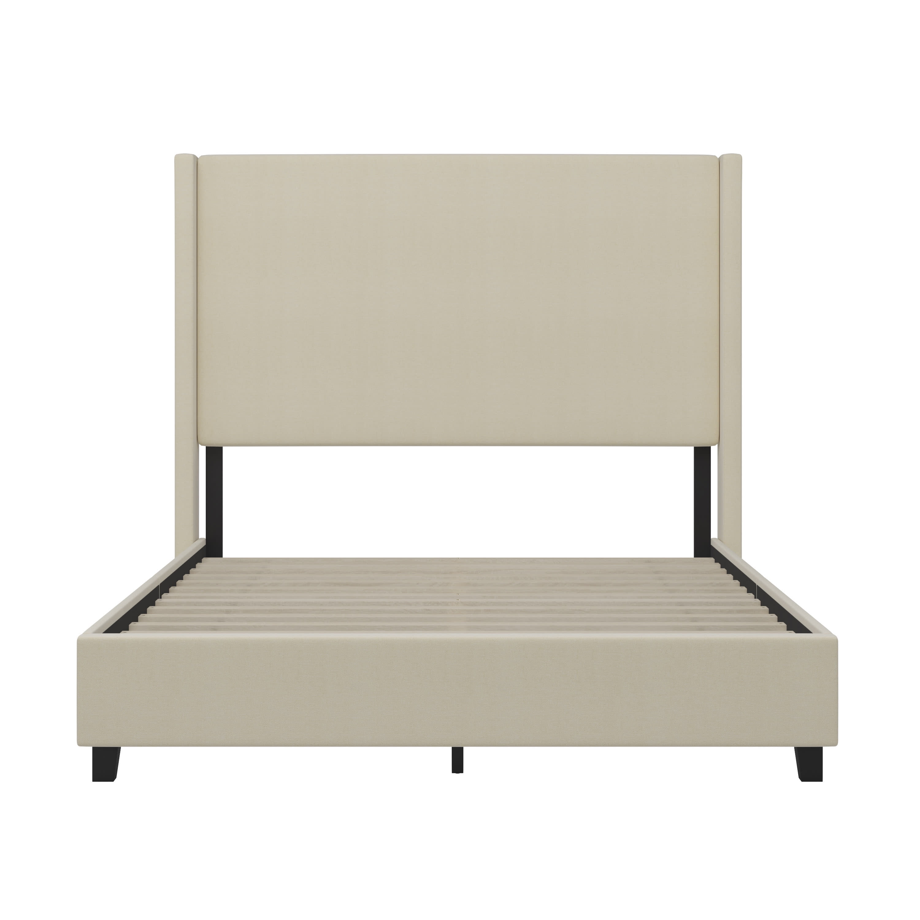 Merrick Lane Modern Platform Bed with Upholstered Wingback Headboard, Queen Size, Beige