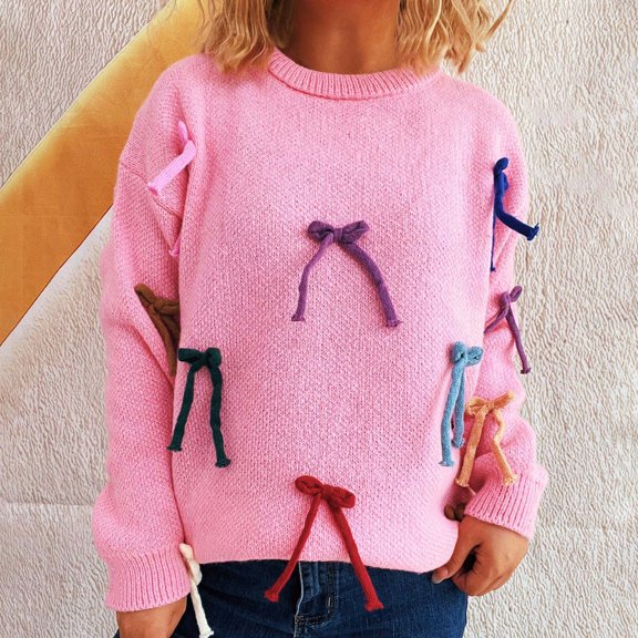 ClodeEU Womens Cute Bow Sweater ,Crew Neck Long Sleeve Drop Shoulder Loose Pullover Tops Pink,Womens Plus L