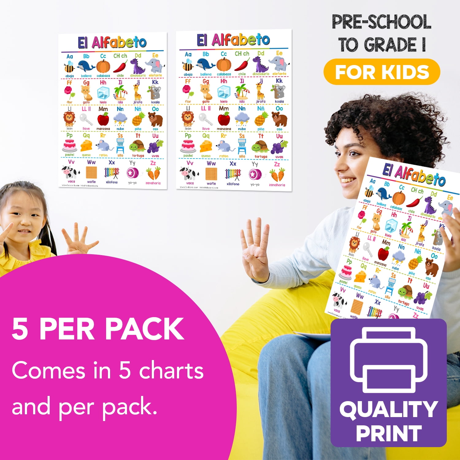 El Alfabeto Spanish Educational Posters for Kids – Alphabet Bilingual Classroom and Homeschool Learning Visual Aid and Chart Decorations for Classrooms | Durable, Glossy Cardstock | 8.5" x 11"