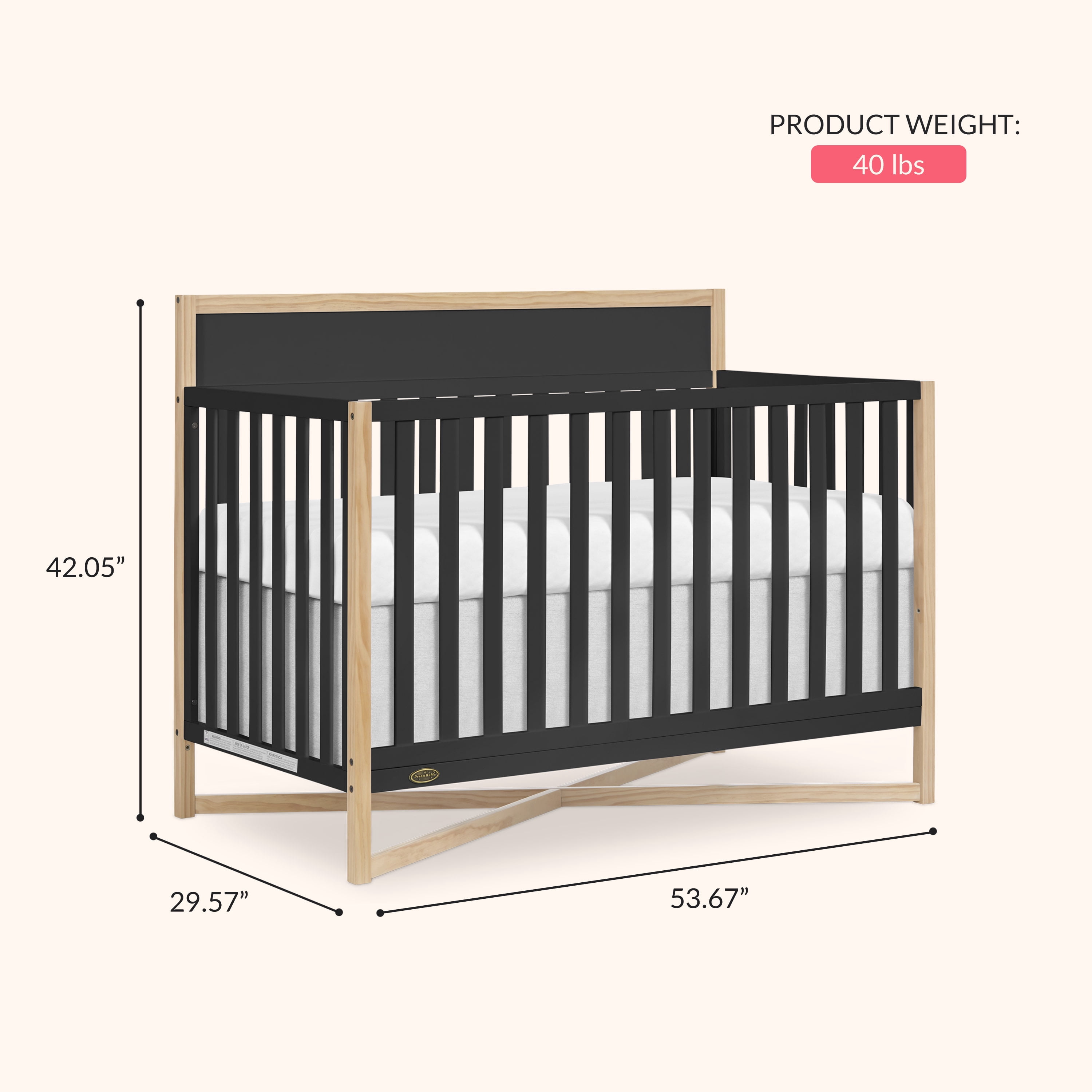 Dream On Me Owen 5-in-1 Convertible Crib, Greenguard Gold & JPMA Certified, Converts from Baby Crib to Toddler Bed, Kids Bed and Full Size Bed, Matte Black