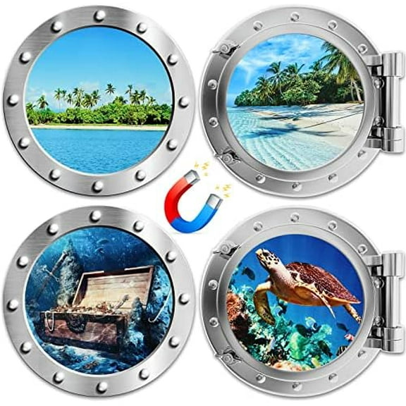 4 Pcs Cruise Door Magnets for Cruise Ship Door Decorations Magnetic Sea Porthole Palm Tree Turtle Cabin Magnets for Carnival Birthday Refrigerator Fridge Car Computer$$Home Decor, Kitchen, & Other