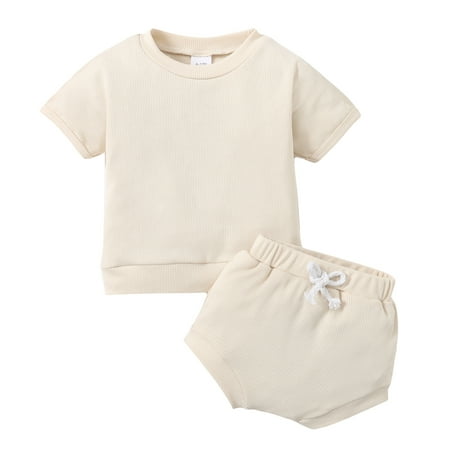 

Kucnuzki 6 Months Baby Boy Summer Outfits Shorts Sets 12 Months Short Sleeve Solid Color Rib Knitted T-Shirt Elastic Shorts 2PCS Set Beige