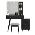 thumbnail image 6 of Vanity Set with Stool, Black Vanity Desk with Mirror, 5 Drawers and 2-Layer Shelves, LED Three-Tone Lighting, Particle Board With Triamine Coating, Solid Wood Legs With Copper Sheath Decoration, 6 of 6