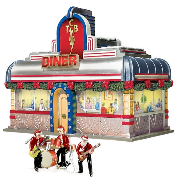 The Bradford Exchange TCB Diner And Three Band Members Figurine from Elvis Rock 'N' Roll Illuminated Christmas Village Collection Issue #1