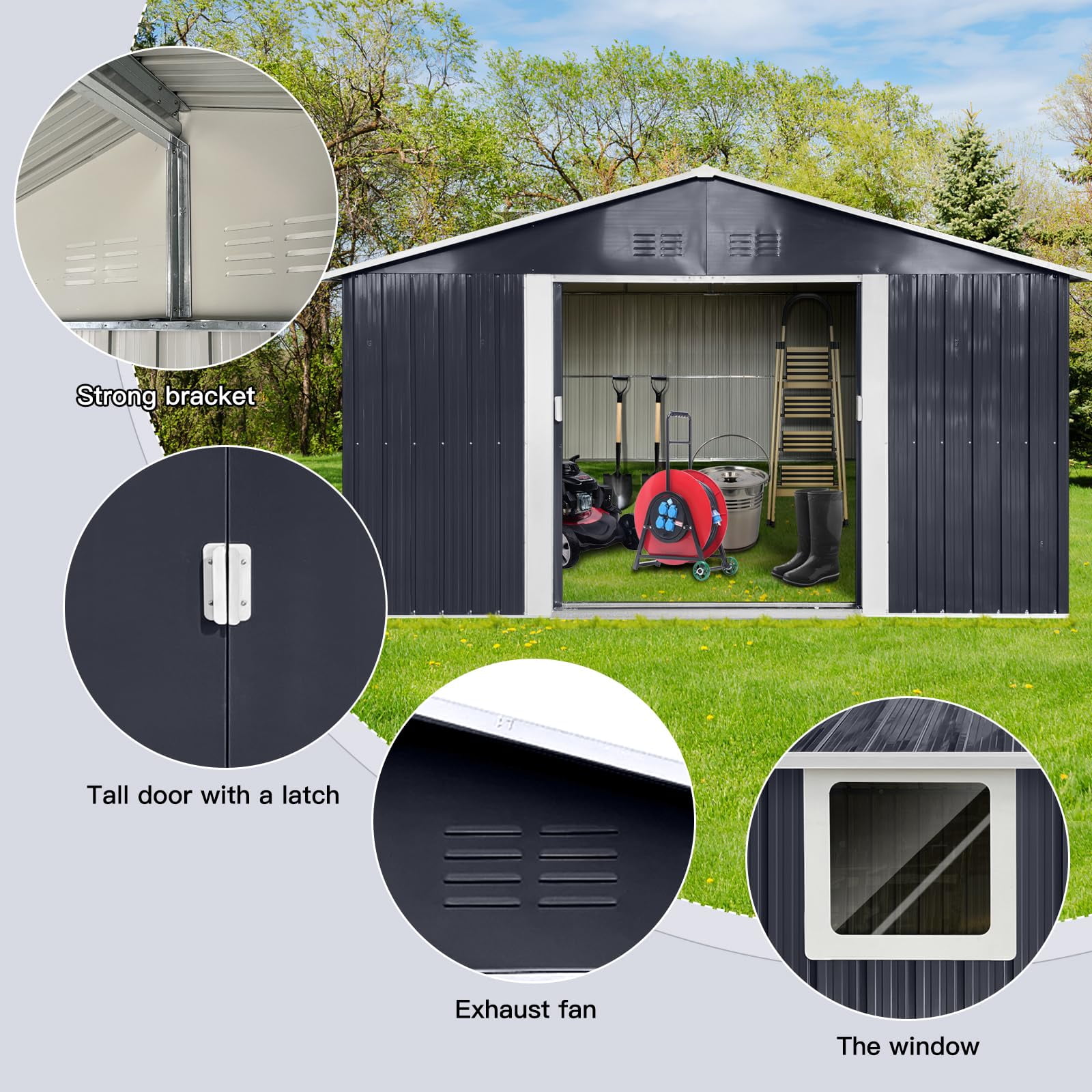11.2x10.6 FT Outdoor Storage Shed, Metal Garden Tool Shed with Updated Frame Structure, Lockable Doors and Windows, Ideal for Backyard Garden Patio Lawn, Black