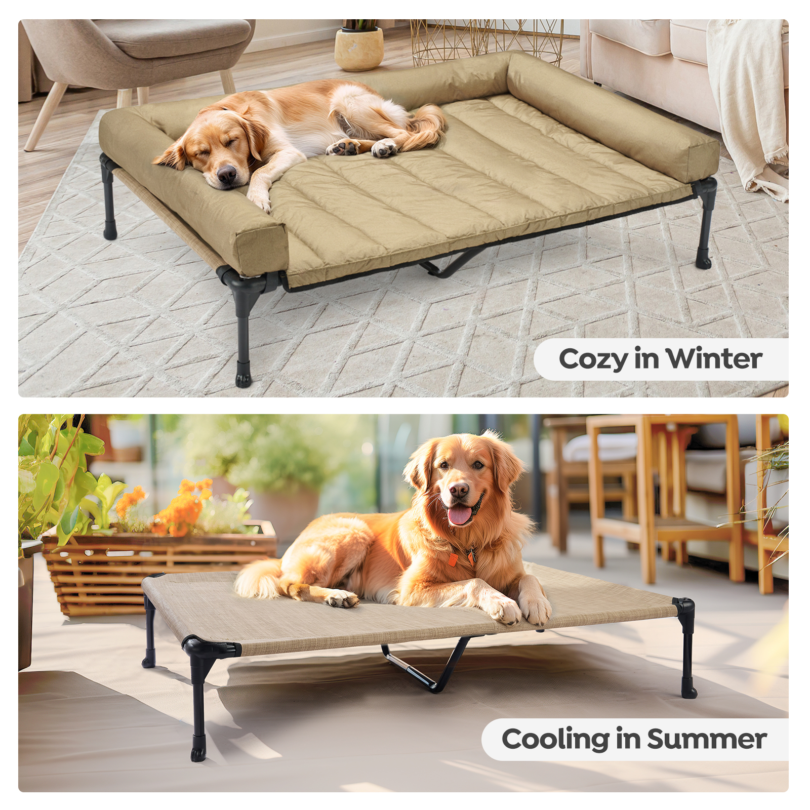 Veehoo Cooling Elevated Dog Bed + Waterproof Removable Pillow-Top Mat, XXLarge, Beige Coffee