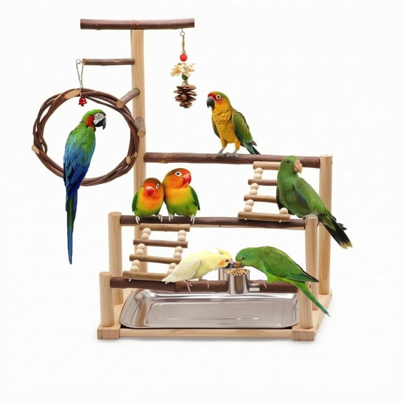 Bird Playground, Wood Bird Parakeet Playground, Wooden Parrot Stand Suitable for Small and Medium Birds, with Feeding Cups, Swing, Chew Toys, Bird Perch Ideal for Parakeets, Budgerigars