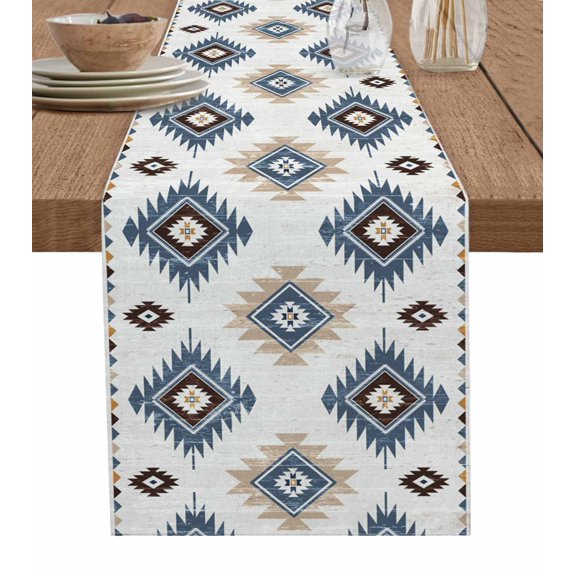 ERUNPONLY Blue Aztec Table Runner - 90 Inch Long Southwest Boho Tribe Abstract Geometric Art Cotton and Linen Blended Dress Scarves Farmhouse Table Runner for Kitchen Dining, Coffee Table, 13"x90"