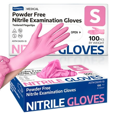 Supmedic Nitrile Exam Gloves  3.5 mil Powder-Free Food Safe Esthetician Disposable Medical Glove  Pink 100 Pcs (Small)