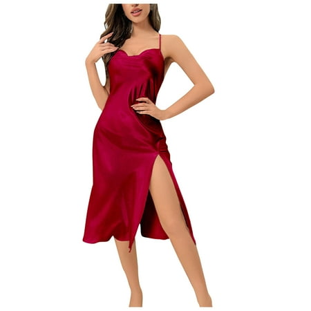 EINCcm Women Sexy Lingerie Satin Nightgown Silk Chemise Midi Hem Split V Neck Negligee Sleepwear with Adjustable Straps