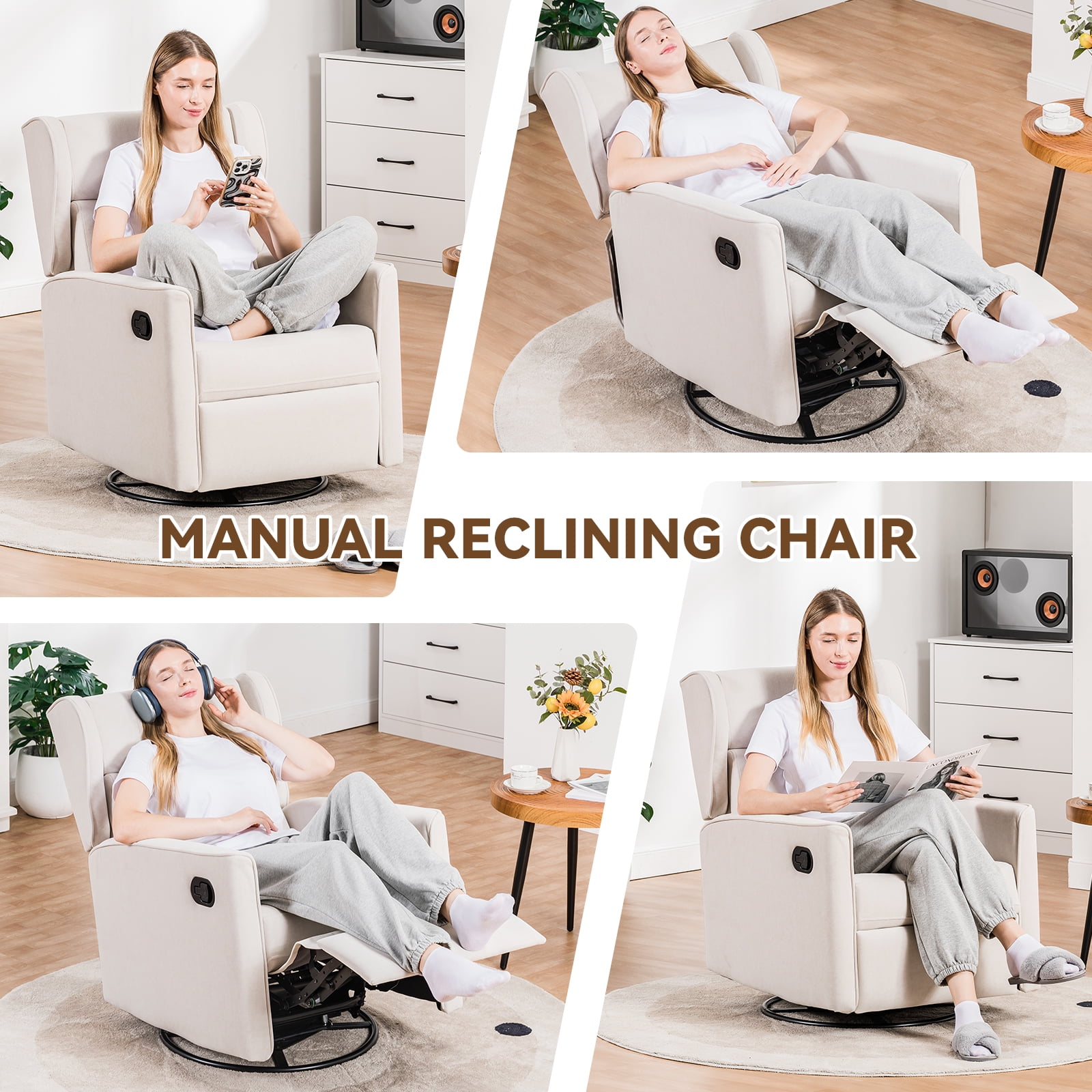 COMHOMA Swivel Rocker Recliner Chair, Fabric Lether Single Sofa Seat for Living Room, Beige