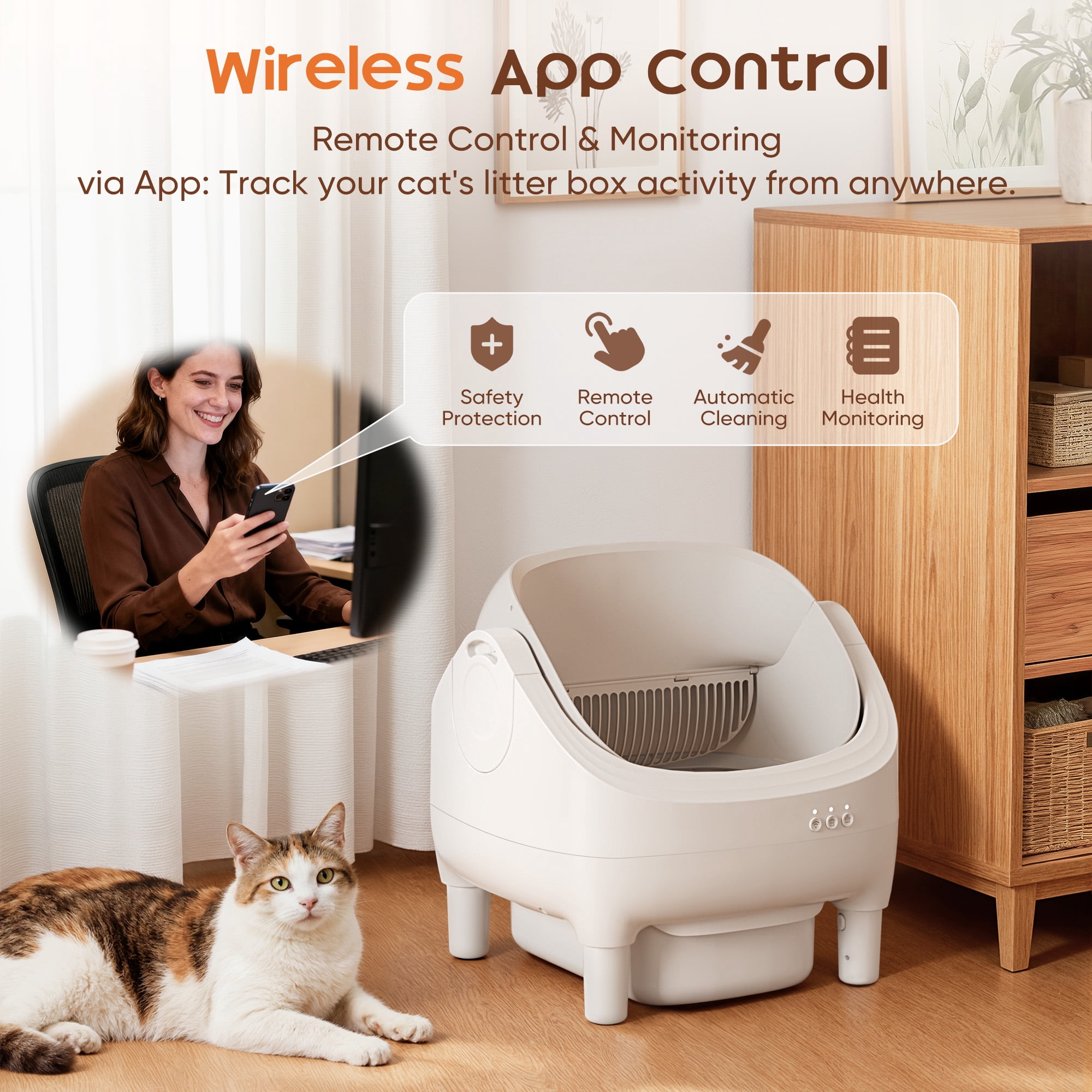 Furmax Automatic Cat Litter Box Self Cleaning – Smart WiFi App Control, Open Top Design, 15L Large Capacity, Odor Control, Quiet Litter Box for Multiple Cats (White)
