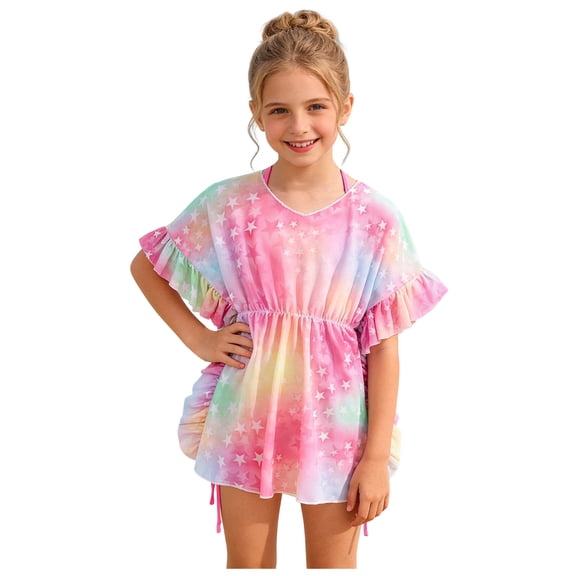 BOBOGOJP Little Girl Beach Cover Up Dress Ruffle Sleeves Scale Swimsuit Cover Up Kids Bathing Suit Pink for Size 6-7 Years