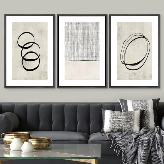 PixonSign Framed Wall Art Set Geometric Ring Grid Landscape Graffiti & Street Canvas Print Abstract Cozy Neutral Modern Art Nordic for Living Room, Bedroom, Office - 24"x36"x3 Black