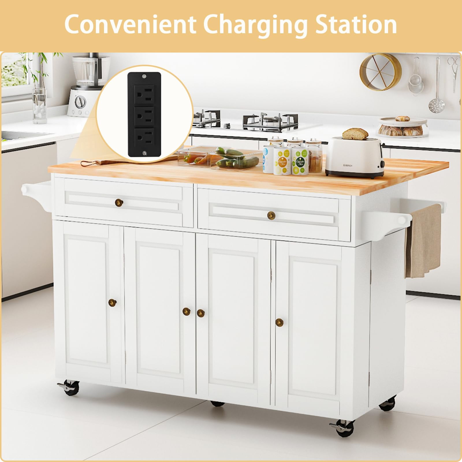 JassmiPkwy 59’’ Rolling Kitchen Island Cart with Drop Leaf and Power Outlet, Movable Kitchen Islands with 3-Tier Door Storage Shelf, Island Table on Wheels, 2 Large Drawers, Towel Racks, White
