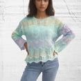 thumbnail image 2 of Women Sweater Tops Casual Loose Knitted Long Sleeve Striped Round Neck Hollow Out Pullover Cover-Up Knitwear for Fall Tops,Blue,XL, 2 of 4