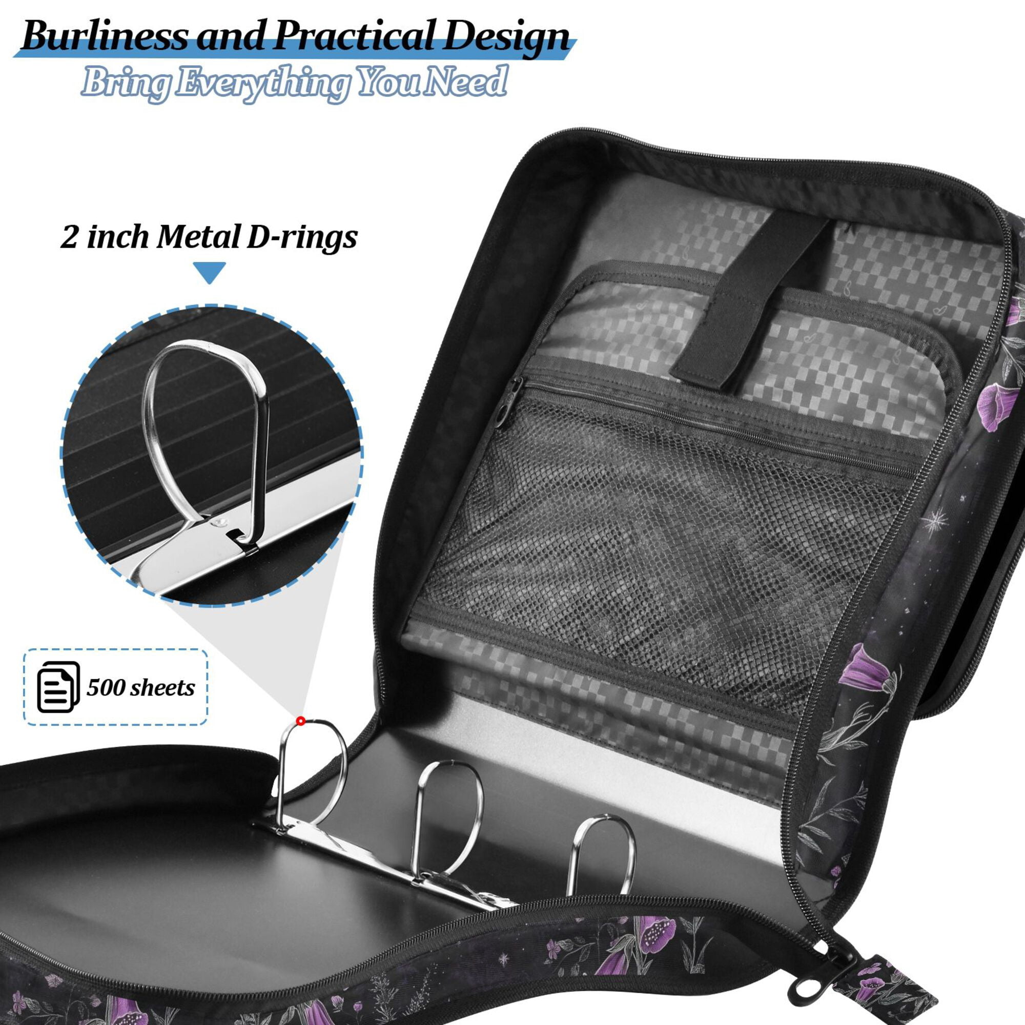 FORMRS Zipper Binder with Shoulder Strap 2-inch Ring 500 Sheet Capacity File Bag, Gothic Floral Print