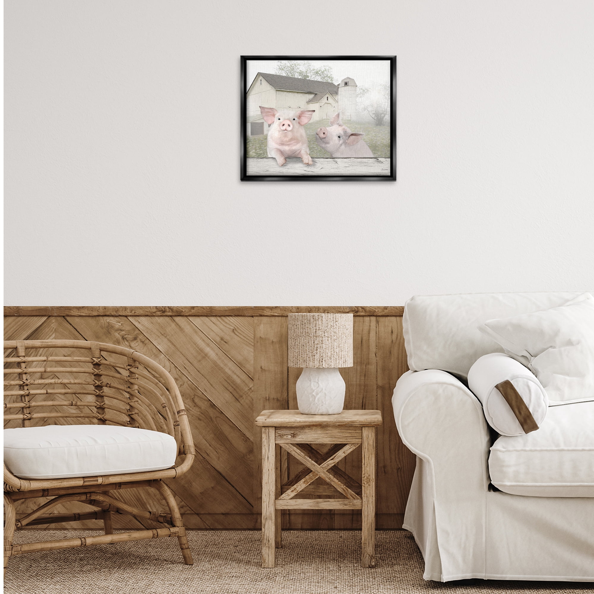 Stupell Industries Piglets Farm Scenery Animals & Insects Painting Black Floater Framed Canvas Art Print Wall Art, 21 x 17
