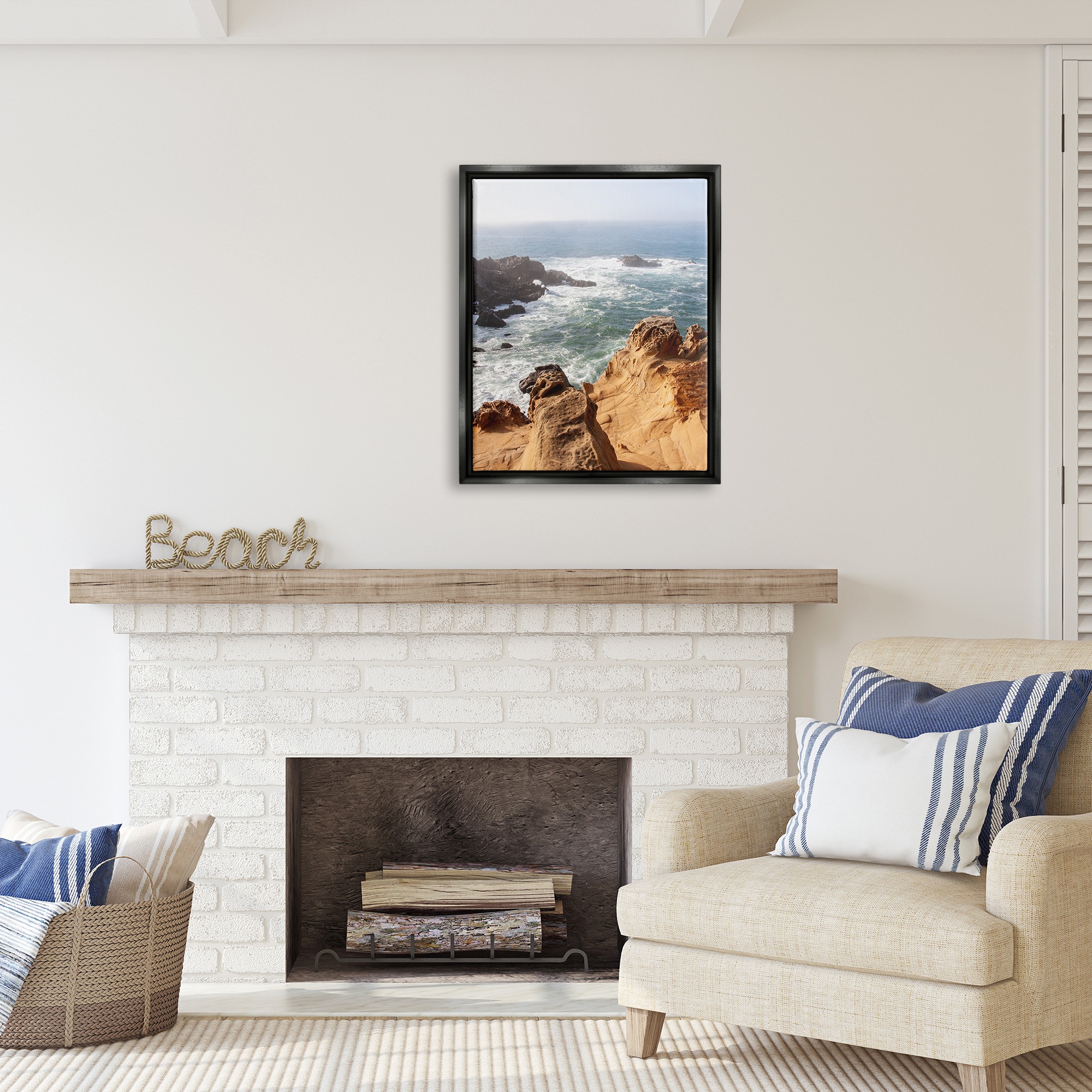 Stupell Industries Sea Cove Splashing Waves Landscape Photography Black Floater Framed Canvas Art Print Wall Art, 25 x 31