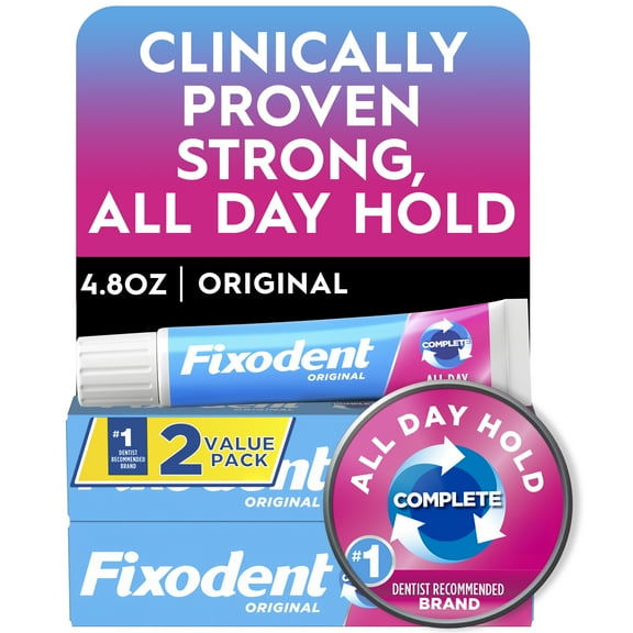 Fixodent Denture Adhesive Cream Original, All Day Hold for Fulls and Partials, 2.4 oz - 2 Pack