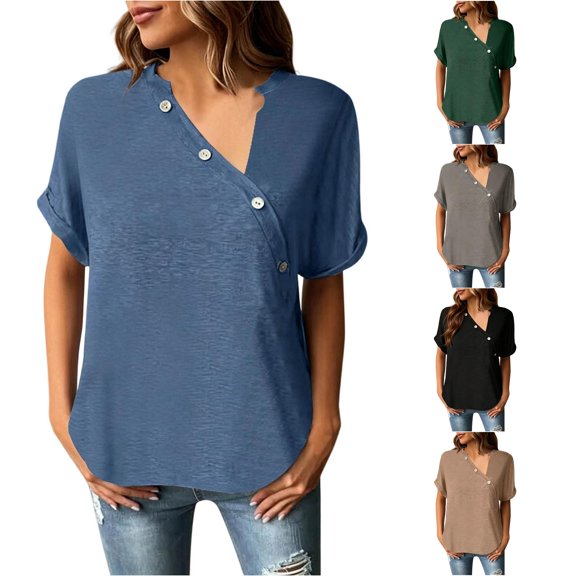 Kingdiese Womens Casual Short Sleeve Button Front Tunic Top Solid Summer Fashion Tee Girls Size 13, Size XL