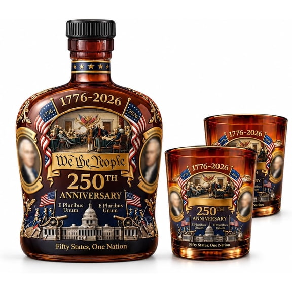 1776–2026 Patriotic Whiskey Decanter, Amber Glass Bottle with Historic-Inspired Stopper, 350 mL / 11.8 fl oz, Commemorative Bar Display Gift