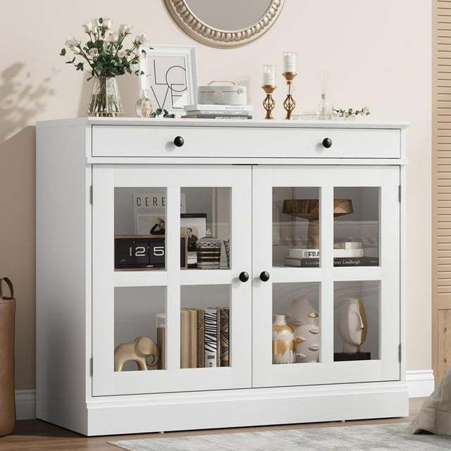 QinaQin 35.4-Inch Glass-Door Sideboard with Storage Space and Drawers, Modern Style, Suitable for Dining Room and Kitchen