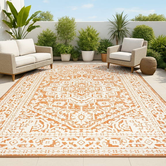 JONATHAN Y SMB101F-9 Sinjuri Medallion Textured Weave Orange/Cream 9 ft. x 12 ft. Indoor/Outdoor Area Rug, Pet Friendly, Stain Resistant, Easy to Clean, for Patio, Living Room; Kitchen, Bedroom